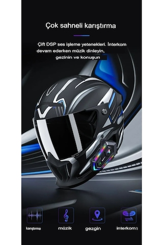 2 Intercom Bağlantılı Rgb Işıklı Bluetooth Motosiklet Kask Kulaklık Bt5.3 Stereo Su Geçirmez
