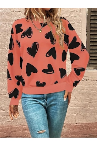 Kadın Uzun Kollu Bisiklet Yaka Kalp Desenli Iki Iplik Bluz Turuncu