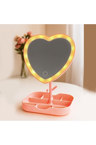 Led Işıklı Pembe Kalp Organizer Makyaj Aynası Dokunmatik Işıklı Takı Ve Kozmetik Standı Beyaz