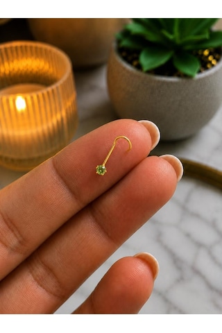 925 Ayar Gümüş Yeşil Taşlı Sarı Renk Burun Hızması Piercing Minimal L Şekilli Unisex Nose Stud