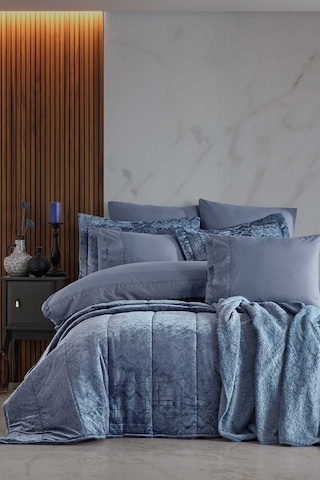 Elart Çeyiz Paketi 10 Parça Yatak Örtüsü+nevresim Takımı+battaniye Nüans Mavi