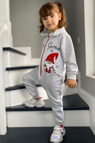 Riccotarz Kız Erkek Bebek Üzerinde Noel Baba Ve Ağaç Önü Fermuarlı Kapüşonlu Gri Tulum Gri
