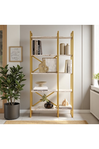 Robin Home Gold Metal Kitaplık 5 Raflı 2 Bölme 175cm Mermer Desen Mermer