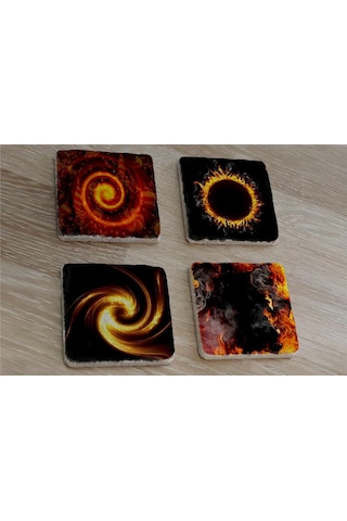 Güneş Tutulması Ve Kozmik Görüntüler Doğal Taş Bardak Altlığı 4'lü Set - Natural Stone Coasters - Taş Çok Renkli