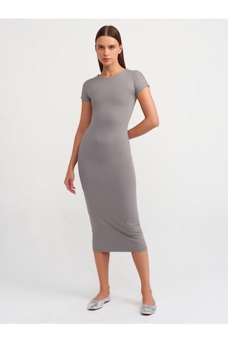 Dilvin Bisiklet Yaka Uzun Elbise Gri