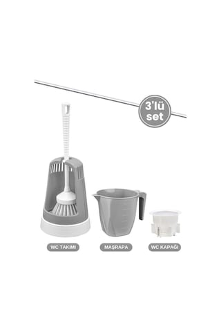 3 Lü Wc Tuvalet Temzilk Seti, Klasik Wc Fırça Takımı + Maşrapa 1,5 Lt + Sessiz Wc Kapağı Seti Gri Gri