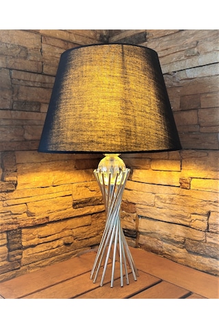 Gümüş Kaplama Burgu Metal Ayaklı Kristal Cam Toplu Siyah Abajur Gümüş