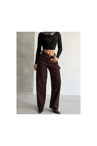 Kene Jeans Yüksek Bel Kahve Taş Yıkama Yan Kemer Tokalı Kargo Cep/baggy Bol Paça Jeans Kahve Taş Yıkama