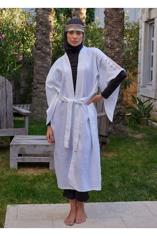 Mayovera Kimono - Nakışlı Beyaz %100 Keten Plaj Elbisesi Beyaz