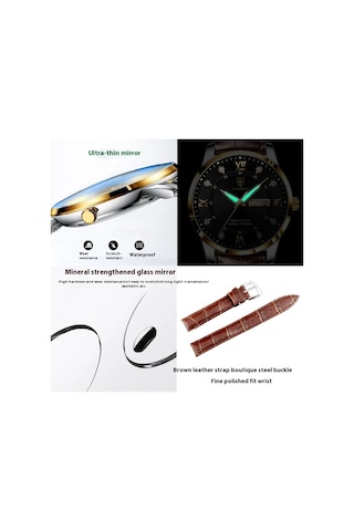 Poedagar 836 Aydınlık Çift Takvim Erkek Saati Gümüş Kabuklu Siyah Deri Kemer