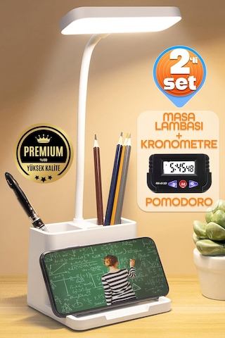 2li Set Şarjlı Masa Lambası + Kronometreli Öğrenci Saati Renk Ayarlı Ders Çalışma Okuma Lambası Q108 Beyaz