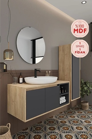 Gül 100 Cm %100 Mdf Lavabolu Banyo Dolabı Ayna Alt Dolap Lavabo Boy Dolabı Antrasit