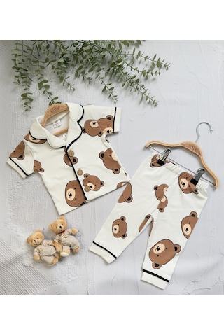 Ayıcık Baskılı Yazlık Pijama Takımı -1163 Beyaz