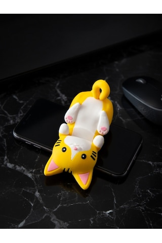 Sarı Kedi Figürlü Telefon Tutucu Stand - 3d Baskı Ofis Masaüstü Aksesuarı Ve Biblo
