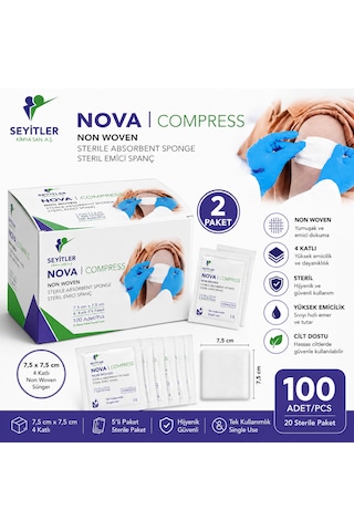 Nova Steril Kompres 7,5cm 7,5cm 4 Katlı 5'li 200'lü 2 Paket