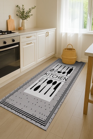 Turkıshrug Kıngdom Gri Kitchen Yazılı Halı Süpürgeyle Kolay Temizlenen Modern Tasarım Çok Renkli