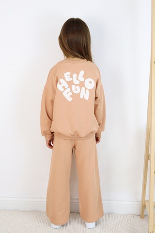 Kız Çocuk Hello Fun Baskılı İspanyol Paça İki İplik Eşofman Takımı Açık Kahverengi