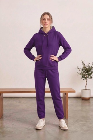 Moibody Kadın 3 İplik Şardonlu Eşofman Takımı Premium Kapüşonlu Sweatshirt Ve Jogger Alt Mor Mor