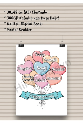 Değerlerimiz Afişi Okul Öncesi Ve İlkokul Eğitici Sınıf Kuralları Poster A3 Boyut 30x42 Cm
