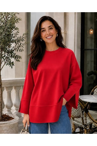 Unika Boutique Kadın Oversize Yırtmaçlı Uzun Kollu Salaş Bluz Kırmızı