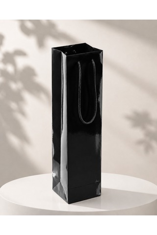 Şişelik İpli Siyah Karton Poşet, 1 Adet - 12x10x38 Cm, Kalın Yapı