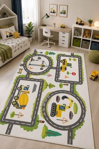 STY Home Kamyon Çocuk Oyun Halısı Kaymaz Makinede Yıkanabilir Eğitici Bebek Ve Çocuk Odası Halısı Oyun71 Beyaz