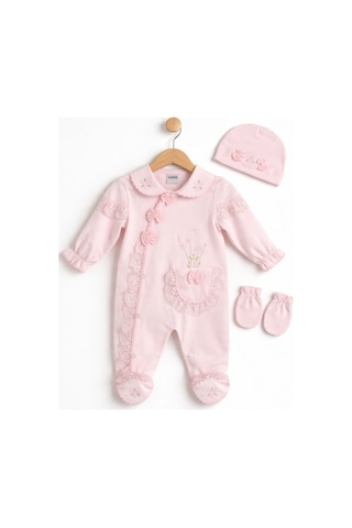 Kardeşler Bebe Dantelli Çiçek Nakışlı Kız Bebek Tulum Bere Eldiven Seti Pembe