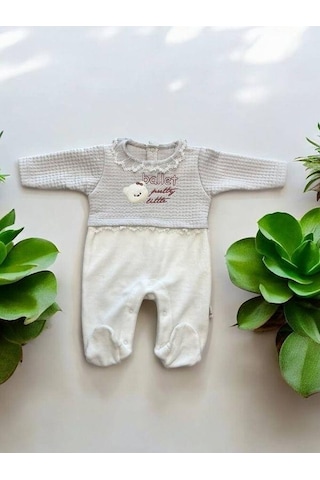 Bebe Ceyiz Sarayı Kız Bebek Ayıcıklı Kadife Dantelli Patikli Tulum-15131 Ekru