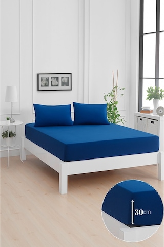 Mirava Premium %100 Pamuk Penye Lastikli Tek Kişilik Çarşaf Takımı 1 Yastık Kılıfı Dahil Lacivert 100x200cm Lacivert