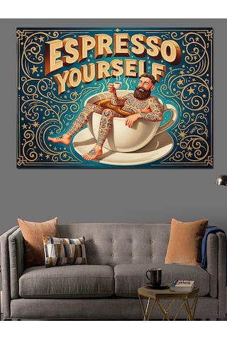 "espresso Your Self" Dövmeli Adam Vintage Kahve Afişi Dekoratif Kanvas - Mdf Ahşap Tablo