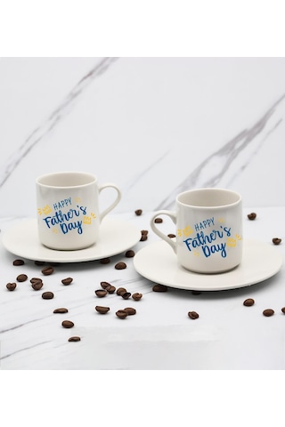 Happy Father's Day Baskılı 2'li Türk Kahve Fincanı & Metal Mum Hediye Seti Babalar Gününe Özel Hediye B3
