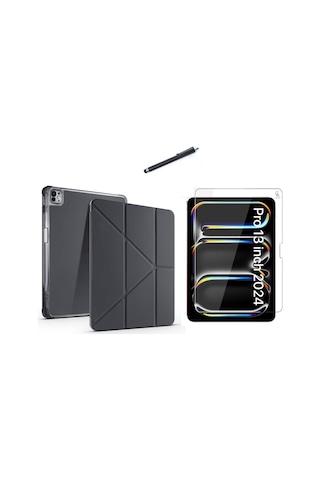 Apple Uyumlu iPad Pro 13 2024 M4 A2925-a2926 Tri Fold Kalemlikli Tablet Kılıfı Ekran Koruyucu Ve Kalem