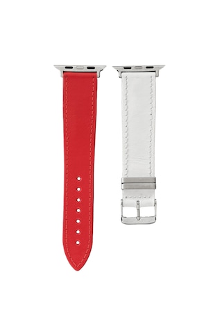 Goldoni Apple Watch Uyumlu Kırmızı Beyaz İnce Hakiki Deri Taraftar Kordonu Metal Köprülü