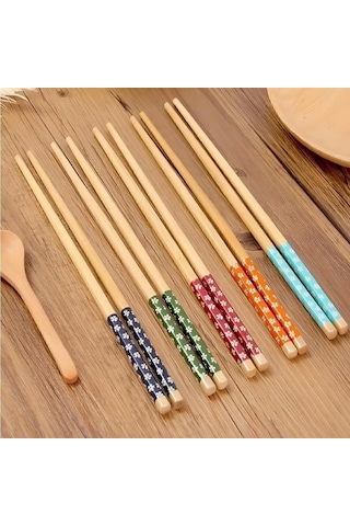 Mucit Home 5 Çift Bambu Chopstick Desenli Yıkanabilir Çin Suşi Ramen Noodle Yemek Çubuğu