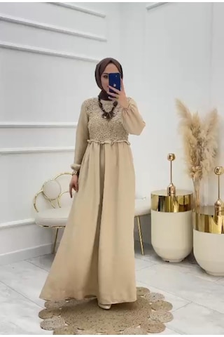 Kadın Melenj Keten Elbise Krem