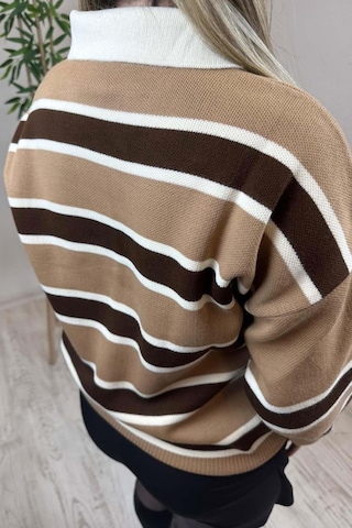 Kadın Bej - Kahve Polo Yaka Çizgili Oversize Triko Kazak Bej