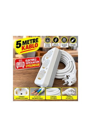 5 Metre 3'lü Topraklı Uzatma Priz 3x1,5 Mm² Tam Bakır Kablo Elektrikli Soba Isıtıcı Ev Ofis Için Güçlü Uzatma Kablosu Beyaz - 939004791 4 - 5 M