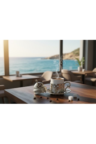 Defne 6 Kişilik 24 Parça Porselenli Gümüş Renk Kahve Fincan Seti Gümüş