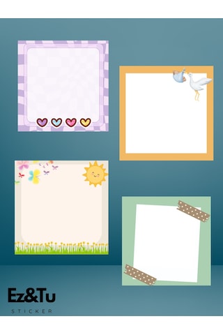 8x8 Desenli 4 Lü Set Memopad Bloknot Planlayıcı Sevimli Güneş Mor Kalp Leylekli Çok Renkli