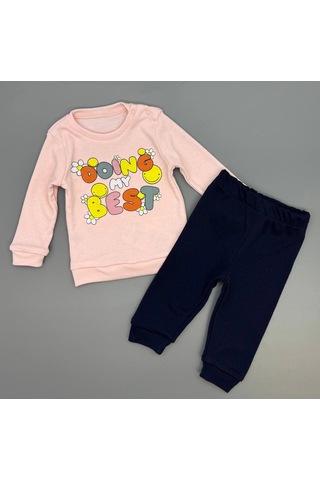 Kız Bebek Baskılı Çıt Çıtlı Alt Üst İkili Gündelik Takım 6-18 Ay Pudra