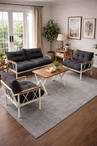 Ard & Garden Miray Krem 211 Masalı Antrasit Fermuarlı Düğmeli Bahçe Oturma Grubu Balkon Oturma Takımı Salon Teras Antrasit