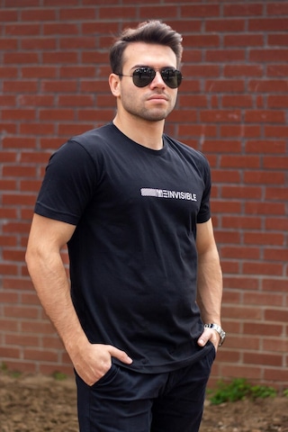 Erkek Siyah Invisible Yazı Baskılı Basic Kısa Kollu Bisiklet Yaka Tişört 20etshyunz 001