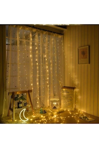 Perde Led- 3x3 Metre - 8 Fonksiyonlu - Usb + Adaptör - Kancalı Sarı