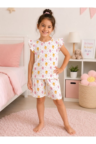 Aliş Kids Kız Çocuk Pamuklu Beyaz Çiçek Desenli Kolları Fırfırlı Kısa Kollu Şortlu Yazlık Pijama Takımı Beyaz Sarı