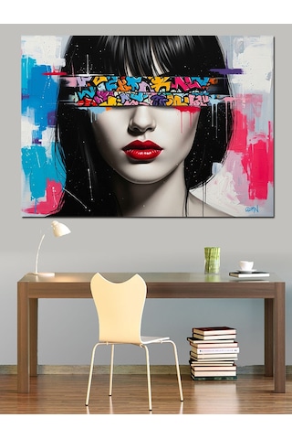 Pop Art Göz Bantlı Kırmızı Rujlu Siyah Beyaz Kadın Yüzü Dekoratif Kanvas - Mdf Ahşap Tablo
