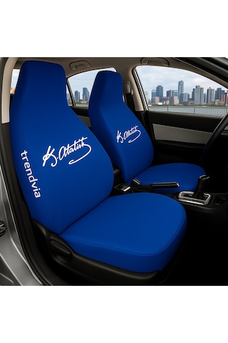 Atatürk İmzalı Mavi Servis Kılıfı Penye Oto Koltuk Kılıfı Yıkanabilir, Ön Arka Koltuk Kılıfı Seti
