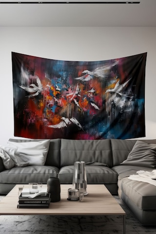 Kuşların Dansı Desenli Duvar Halısı Duvar Örtüsü Tapestry Süet Dokulu Kumaş