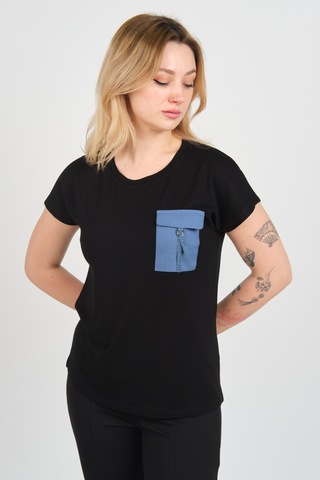 Sistas Kadın Düşük Kol Tek Cep Detaylı Bisiklet Yaka Bluz 24107 Siyah Siyah