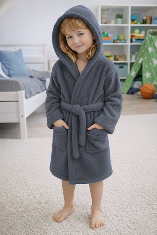 Luna Soft Kız / Erkek Çocuk Kapşonlu Pamuklu Bornoz Peluş Sabahlık 7/8 Yaş Koyu Gri