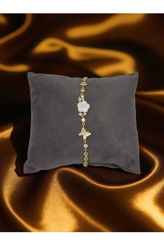 925 Ayar Gümüş Zarif Çiçek Ve Kelebek Figürlü Taşlı Kadın Bileklik Gümüş